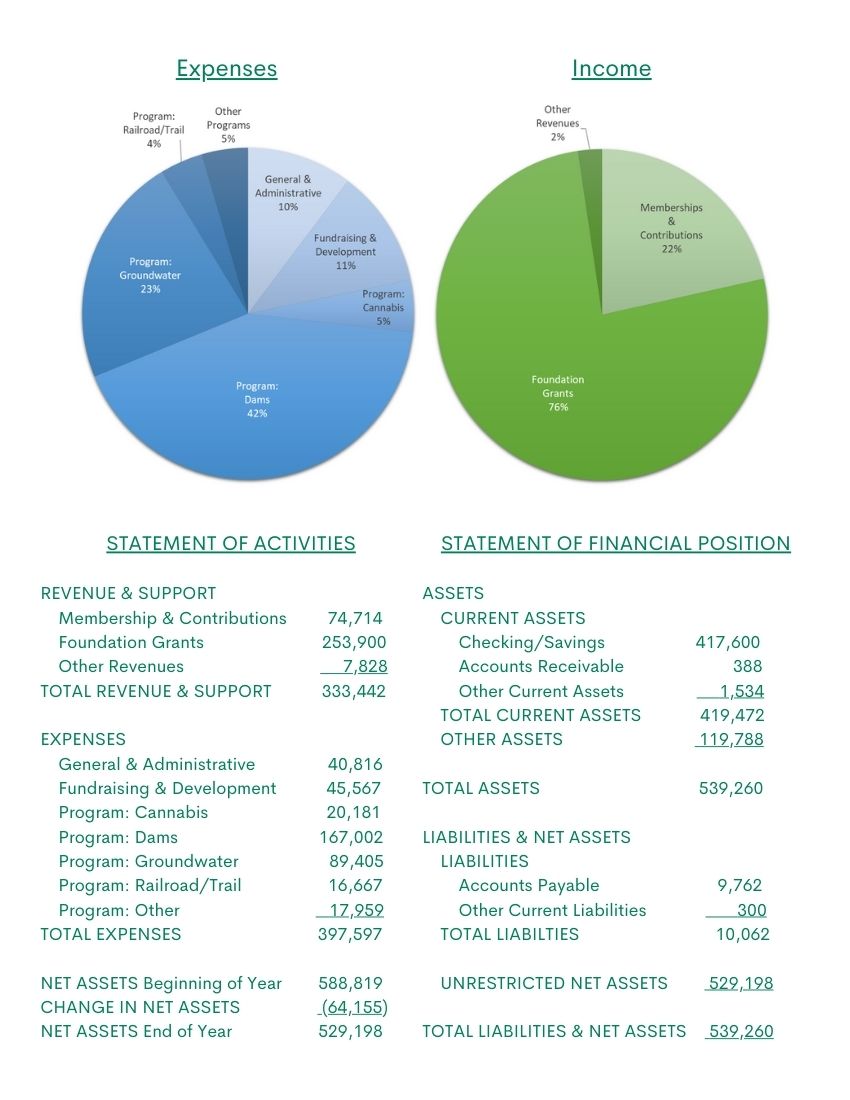 Graphic showing pie chart breakdowns of expenses and income, as well as statements of activities and financial position.