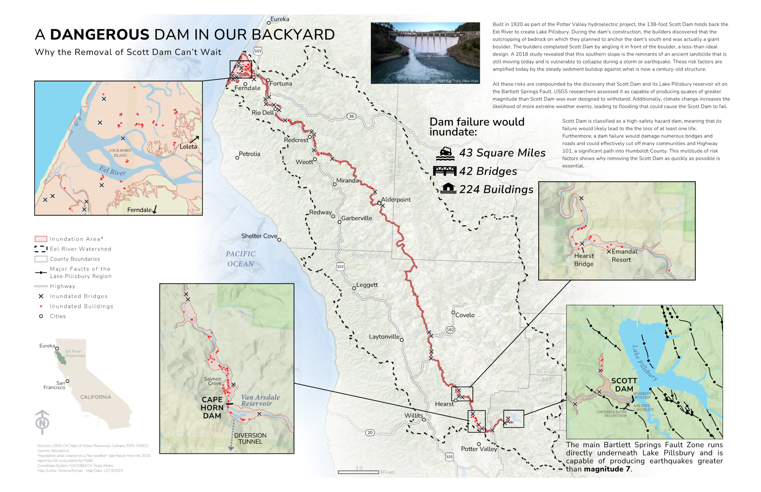 The failure of Scott Dam would inundate 43 square miles, 42 bridges, and 224 buildings.