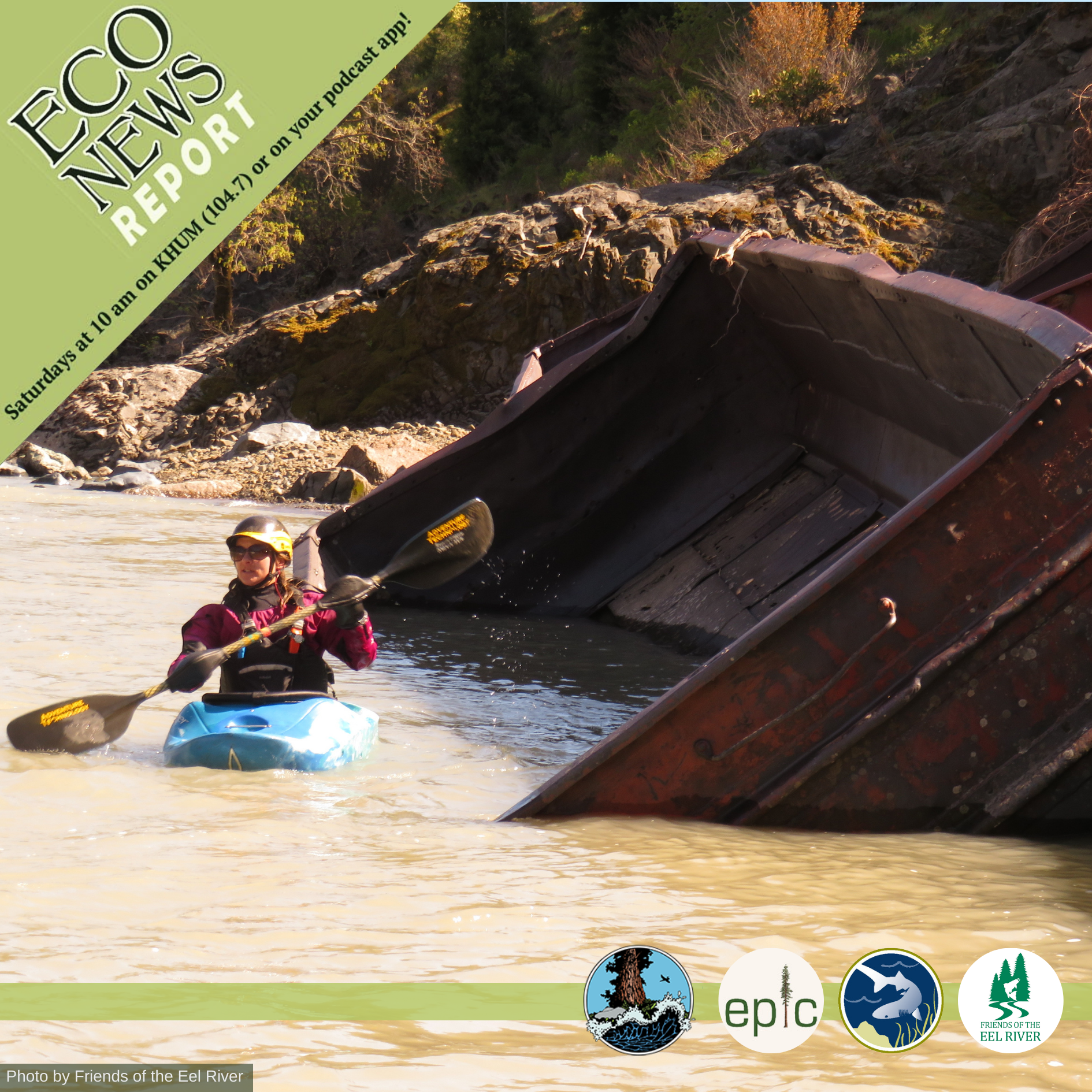 A kayaker paddles in a murky river next to an abandoned rail car. Eco News Report Saturdays at 10 A.M. on K HUM 104 point 7 or on your podcast app.